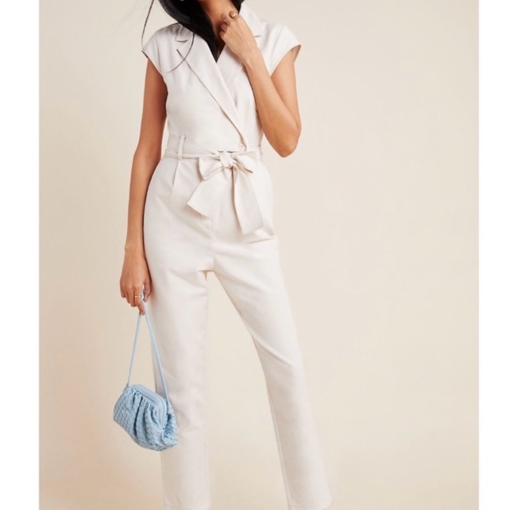 Anthropologie Cream Belted Eliza Jumpsuit